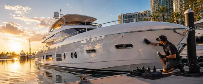 Marine ceramic coating applied to 72-foot motor yacht in Miami. 